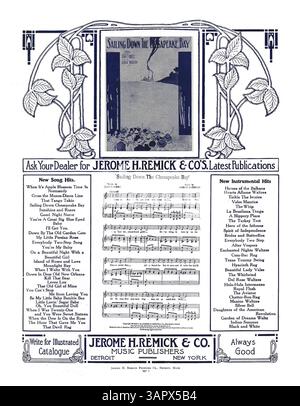 La couverture arrière de 'Moonlight on the Mississippi' présente une publicité pleine page pour les dernières publications de Jerome H. Remick & Co. Cette pièce représente une vue nostalgique du Mississippi. Banque D'Images