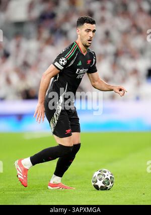 Mikel Merino d'Arsenal lors du quart de finale de l'UEFA Champions League, match de deuxième manche au Santiago Bernabeu à Madrid, en Espagne. Date de la photo : mercredi 16 avril 2025. Banque D'Images