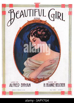 Une feuille musicale intitulée 'Beautiful Girl', avec des paroles d'Alfred Bryan et une musique de H. Blacke-Belcher. Il est marqué comme une "édition populaire" et comporte une publicité sur la couverture arrière de la chanson "The Harbor of Love" de Jones et Blake. La couverture arrière montre également le texte « Gene Duck » en bas à droite. Remarque : la couleur peut différer de l'original et les annotations peuvent être disponibles via Music services. Banque D'Images