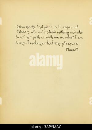 Une citation de Wolfgang Amadeus Mozart publiée dans 'The Potter's Wheel', volume 1, numéro 10, août 1905. La publication contient une variété de discussions culturelles et artistiques, y compris l'influence de Mozart sur la musique et la culture. Banque D'Images