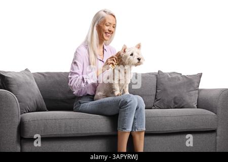 Femme assise sur un canapé et brossant un chien westie terrier isolé sur fond blanc Banque D'Images