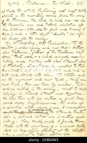 Cette entrée de journal de Thomas Butler Gunn (16-17 septembre 1862) décrit ses interactions avec le capitaine Kettle, Bateman et d'autres. Il réfléchit à son point de vue sur George McClellan et les interactions sociales pendant la guerre de Sécession. L'entrée donne un aperçu du cercle social de Gunn et de ses liens militaires. Banque D'Images