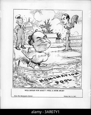 Cette caricature politique aborde avec humour la candidature politique de William Jennings Bryan, le dépeignant comme un canard se dirigeant vers la liste des nominations, avec oncle Sam regardant. Banque D'Images