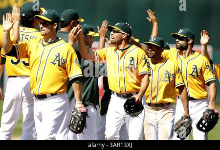 31 juillet 2011 - Oakland, CA, USA - les Oakland Athletics célèbrent leur victoire 7-3 sur les Twins du Minnesota le dimanche 31 juillet 2011 au O.co Coliseum d'Oakland, Californie. (Crédit image : © Aric Crabb/Oakland Tribune/MCT/ZUMAPRESS.com) Banque D'Images