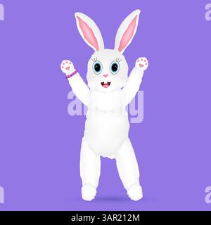 Adorable personnage 3D de lapin blanc avec de grands yeux bleus, des oreilles roses, souriantes et des pattes relevées, debout sur un fond violet. Parfait pour les vacances Illustration de Vecteur