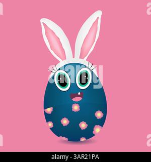 Personnage anthropomorphe 3D souriant oeuf de Pâques enfant couleur cyan avec des yeux turquoise, des oreilles roses, souriant, et avec des oreilles de lapin portant un pantalon décoré Illustration de Vecteur