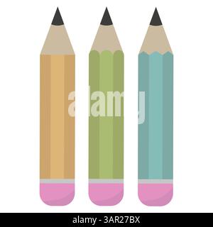 Groupe de trois crayons. Éléments de dessin colorés. Outils vectoriels affinés. Gommes roses douces. Illustration de Vecteur