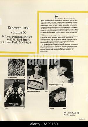 L’annuaire Echowan 1983 de l’École secondaire Louis Park met en lumière les aspects clés de l’année scolaire 1982-1983, y compris les étudiants, les clubs et l’athlétisme. Banque D'Images
