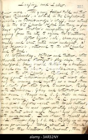 Dans son journal du 10 au 12 février 1863, Thomas Butler Gunn se souvient d'une rencontre avec Keene Richards, un colonel confédéré. Richards avait cherché refuge à l'hôtel produit Charles après avoir échappé aux forces de l'Union et y restait pendant plusieurs jours. Gunn passa du temps à socialiser, y compris des cigares et des boissons, avant de retourner à l'hôtel. L'entrée touche également à la présence navale du Commodore Farragut et de son navire. Banque D'Images