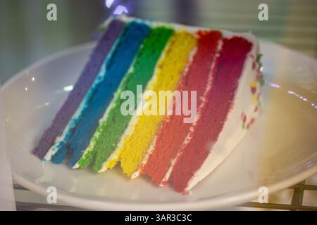 Une tranche vibrante de gâteau arc-en-ciel, un dessert coloré parfait pour les fêtes ou les moments sucrés. Le gâteau est présenté sur une assiette blanche Gay Pride Sweet Banque D'Images