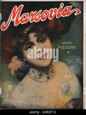 La publication 'Marsovia' de Jerome H. Remick & Co. présente des valses. La couverture arrière comprend une publicité pleine page imprimée en bleu, faisant la promotion des dernières publications de la société et un extrait musical de polaire de H.B. Belcher. Banque D'Images