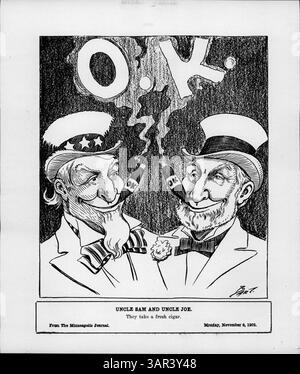Cette caricature politique montre oncle Sam et oncle Joe Cannon, jouissant de cigares et soufflant des anneaux de fumée. Il reflète avec humour le climat politique post-électoral, les républicains conservant le contrôle de la Chambre et Cannon étant susceptible d'être renommé à la présidence. Banque D'Images