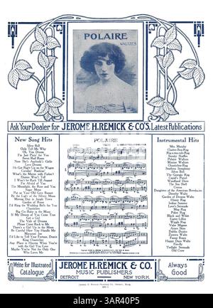 La couverture arrière de la publication présente une publicité pleine page en bleu pour les dernières publications de Jerome H. Remick & Co. avec un extrait musical de 'polaire' de H.B. Belcher. Banque D'Images