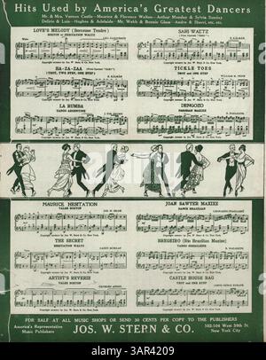 Ceci est une publication intitulée 'Old Erin, The Shamrock and You', avec une pleine page de publicité pour le 'Music Lovers Directory'. La couverture arrière présente douze extraits musicaux de chansons populaires, faisant la promotion de la musique utilisée par les danseurs américains. La publication est imprimée à l'encre verte et à l'encre de base et comprend la plaque numéro 7664. Banque D'Images