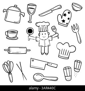 Doodle abstrait de l'icône du chef, Thin Line art set comprend des outils de cuisson dans l'illustration vectorielle Illustration de Vecteur