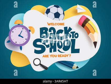 Bienvenue à l'école modèle de salutation clipart. Retour à l'école texte clip art dans le tableau abstrait avec des éléments d'apprentissage éducatif, fournitures et article Illustration de Vecteur