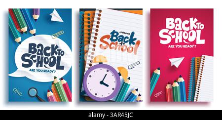 Ensemble d'affiches clipart de voeux scolaires. Collection clip art modèle de retour à l'école avec des fournitures d'apprentissage pédagogique pour les flyers et les bannières d'éducation Illustration de Vecteur