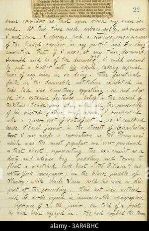 Le journal de Thomas Butler Gunn du 1er au 4 janvier 1861 comprend une coupure de journal sur le capitaine John Mitchell, le fils du révolutionnaire irlandais, tué à Fort Sumter. L'article décrit les réflexions personnelles de Gunn sur la mort de Mitchell et ses relations familiales. Banque D'Images