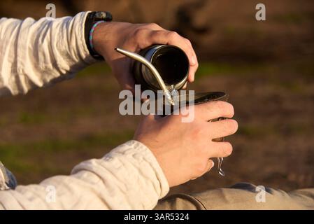 Une personne méconnaissable verse l'eau d'un thermos dans un compagnon, pour boire cette boisson traditionnelle Argentine. Banque D'Images