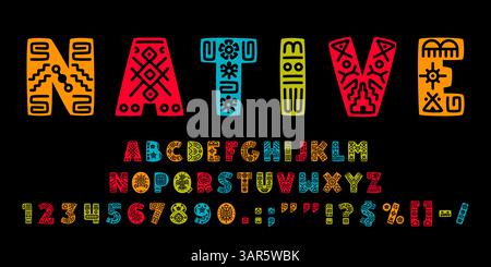Police ethnique africaine, police tribale safari, type natif américain, lettres d'ornement alphabet typographie vectorielle. Police de caractères de couleur lettres et chiffres avec motif ethnique afro-mexicain et aztèque Illustration de Vecteur