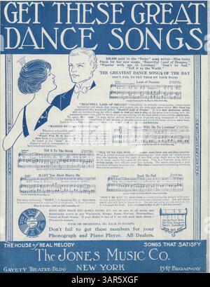 La couverture arrière de Mary You Must Marry me comprend une publicité pour les chansons de danse de Jones Music Co., ainsi que des publicités imprimées pour la version phonographe et piano de la chanson et un panneau artistique d'Anita Owen. Banque D'Images