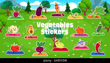 Personnages végétaux de dessin animé drôles sur le pack d'autocollants de sport de fitness de yoga. Patchs vectoriels de légumes drôles portant des bandeaux sportifs s'engageant dans des exercices d'étirement sur des tapis dans un paysage extérieur vert luxuriant Illustration de Vecteur
