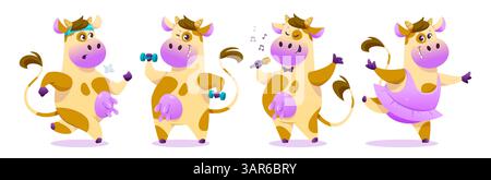 Ensemble de personnages de mascotte de vache de dessin animé mignon portant une robe rose et un ballet dansant, chantant une chanson avec micro, jogging et faisant du sport avec des haltères. Illustrations actives d'animaux de ferme bovins souriants. Illustration de Vecteur