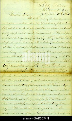 Une lettre de James E. Love, détenu à la prison Libby à Richmond, Virginie, à Molly, exprimant son attente pour un échange pendant la guerre de Sécession. Banque D'Images