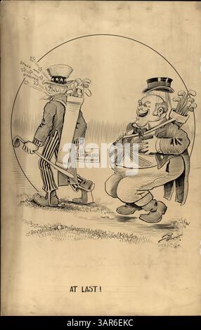 L'image montre John Bull riant tandis que l'oncle Sam maudit, tenant une pancarte qui indique « U.S. éliminé du concours de golf ». La légende dépeint avec humour le rire de John Bull sur le malheur de l'oncle Sam. Banque D'Images