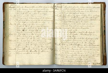 Le volume 10 de la collection Eliza G. Randolph Post, Memorandum Book No 9, s'étend de 1848 à 1850. Il documente les activités quotidiennes de la famille Randolph sur leur ferme dans le comté de Pulaski, Illinois, et leur déménagement à Mount Morris, comté d'Ogle, Illinois. Banque D'Images