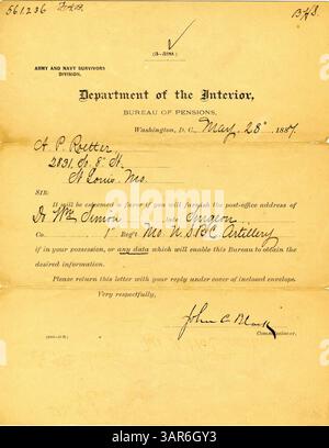 John C. Black, du ministère de l'intérieur, demande à A.P. Roetter de fournir l'adresse du docteur William Simon, chirurgien du 1st Missouri U.S. Reserve corps Artillery. Banque D'Images