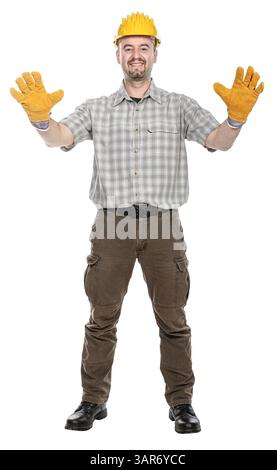 Travailleur de la construction portant des gants de casque de sécurité fond transparent isolé Banque D'Images