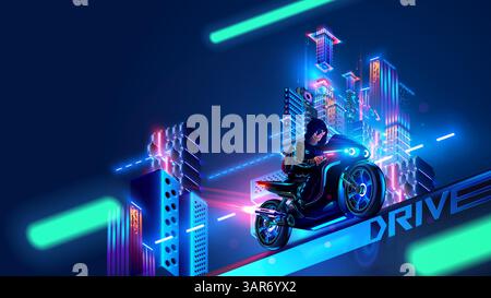 Promenades en moto ou en moto sur la ville nocturne du futur. Le motocycliste à capuche court le long de la ville futuriste la nuit dans les néons. Illustration de science-fiction Illustration de Vecteur