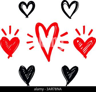 Coeurs rouges et noirs dessinés à la main dans un style de marqueur esquissé sur un fond blanc propre, représentant l'amour, la romance et le thème de l'affection Illustration de Vecteur