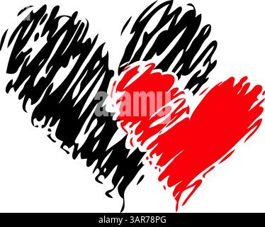 Coeurs noirs et rouges griffonnés se chevauchant, style dessiné à la main sur fond blanc, représentant l'amour, la passion et la connexion émotionnelle Illustration de Vecteur