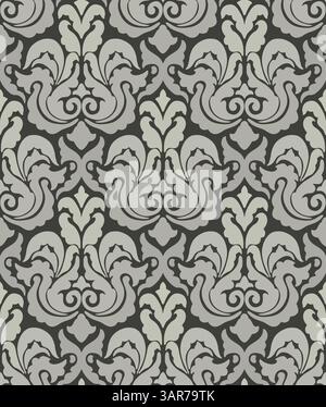 Élégant motif damassé sans couture en noir et gris pâle avec des éléments floraux et ornementaux complexes. Illustration de Vecteur