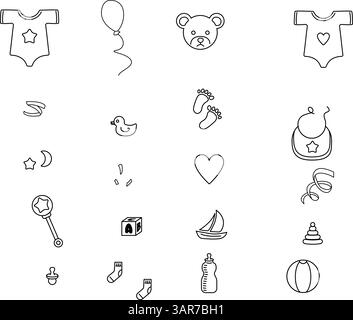 Douche de bébé minimale et ensemble d'icônes de ligne de révélation de sexe avec des articles de bébé et des jouets Illustration de Vecteur