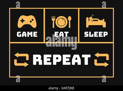 Activites slogan jeu, manger, dormir et répéter le signe. Vie quotidienne des gamers. Illustration de Vecteur