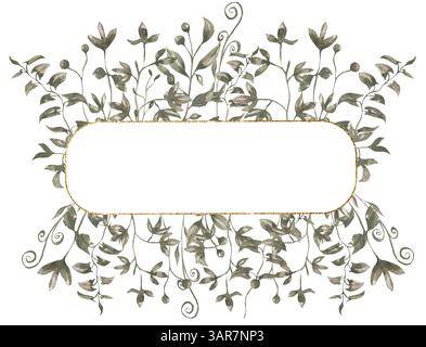 Clipart de cadre de verdure aquarelle, illustration de couronne de branche de feuilles délicates, invitation de mariage, clip art de flore graphique Banque D'Images
