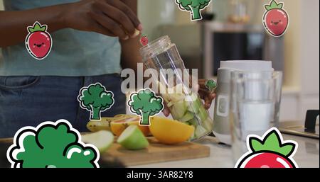 Image des icônes de fruits et légumes sur la femme afro-américaine faisant une boisson saine Banque D'Images