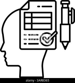 Une tête avec un stylo et un morceau de papier avec une coche dessus Illustration de Vecteur