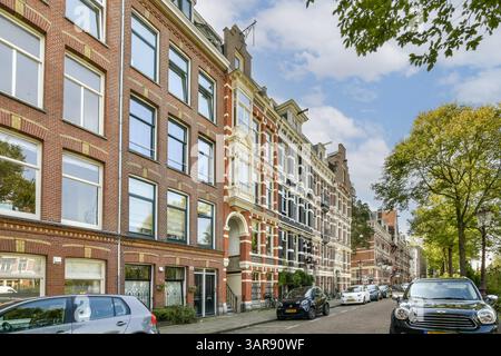 Cette image présente un paysage de rue invitant bordé de bâtiments historiques en briques, d'arbres luxuriants et de voitures garées, représentant l'architecture hollandaise classique et la vie urbaine. Banque D'Images