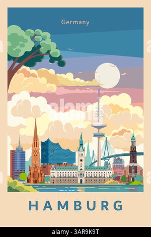 Hamburg City Landmarks design rétro d'affiche de coucher de soleil, Allemagne. Illustration de Vecteur