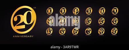 Numéros d'anniversaire d'or élégants avec logos de célébration de 10 à 100 ans sur fond sombre. Emblème de luxe pour les événements marquants. Vecteur Illustration de Vecteur