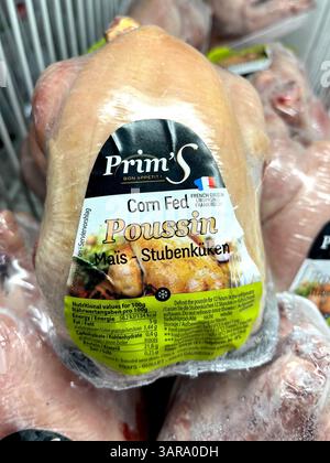 Prim'S emballé maïs nourri poussin (jeune poulet) exposé dans un congélateur de supermarché, enveloppé dans du plastique et étiqueté pour la vente au détail, produit en France Banque D'Images