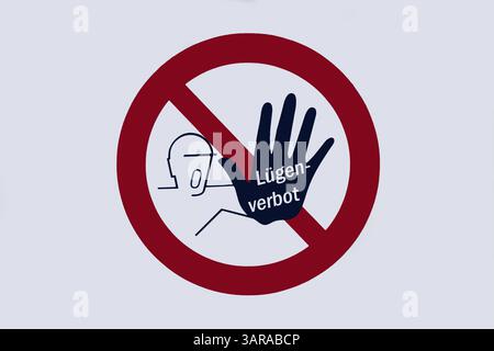 Verbotsschild mit Lügenverbot Fotomontage : Verbotsschild mit Lügenverbot, 17.04.2025, Auf einem Verbotsschild mit einer schwarzen hand befindet sich der Schriftzug Lügenverbot. *** Panneau d'interdiction avec interdiction de mentir photomontage panneau d'interdiction avec interdiction de mentir, 17 04 2025, sur un panneau d'interdiction avec une main noire est le lettrage interdiction de mentir Banque D'Images