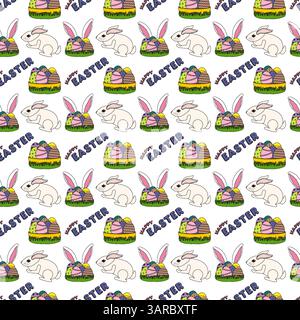 Motif sans couture avec des lapins blancs, des oreilles de lapins de Pâques, des œufs ornés dans l'herbe, et - joyeuses Pâques - texte sur fond blanc. Dessin animé plat Illustration de Vecteur