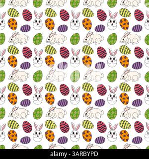 Joli motif sans couture avec des lapins blancs, des lapins de Pâques et des œufs décorés dans des couleurs vives et divers motifs sur un fond blanc. Cartoo Illustration de Vecteur