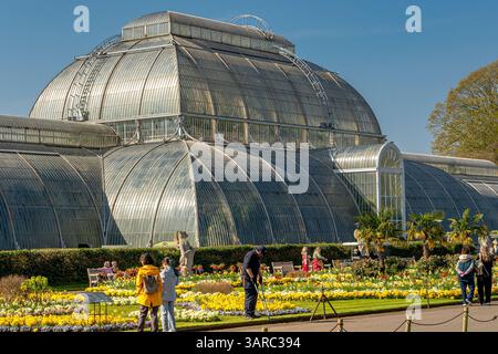 Parterres de fleurs devant la Palm House au Royal Botanic Gardens, Kew, Londres, Royaume-Uni Banque D'Images
