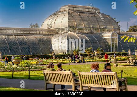 Les gens assis sur des bancs en bois près de la Palm House en verre au Royal Botanic Gardens, Kew, Londres, Royaume-Uni Banque D'Images